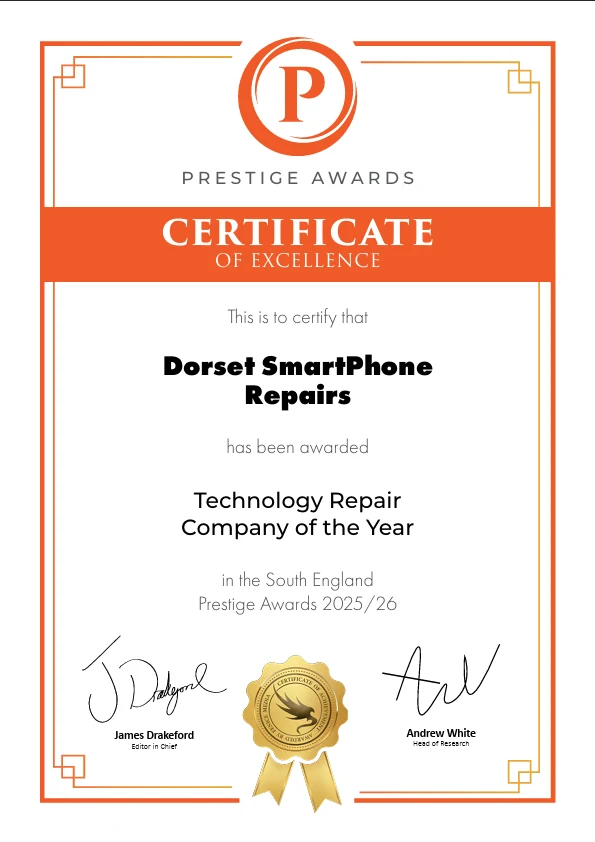 Prestige Awards certificate naming Dorset Smartphone Repairs Technology Repair Company of the Year in South England 2025/26