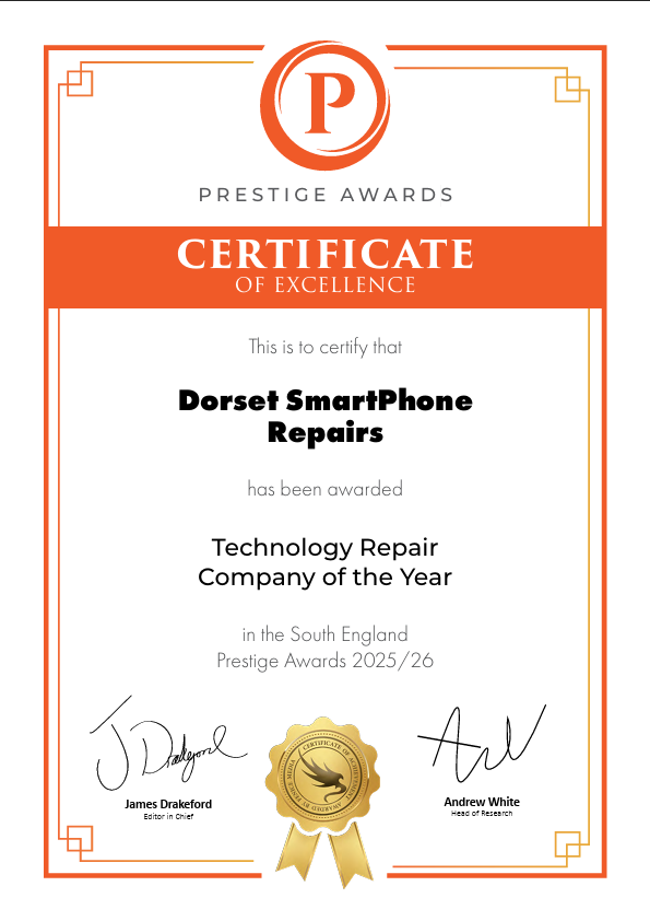 Prestige Awards Certificate of Excellence: Dorset Smartphone Repairs – Technology Repair Company of the Year (South England) 2025/26